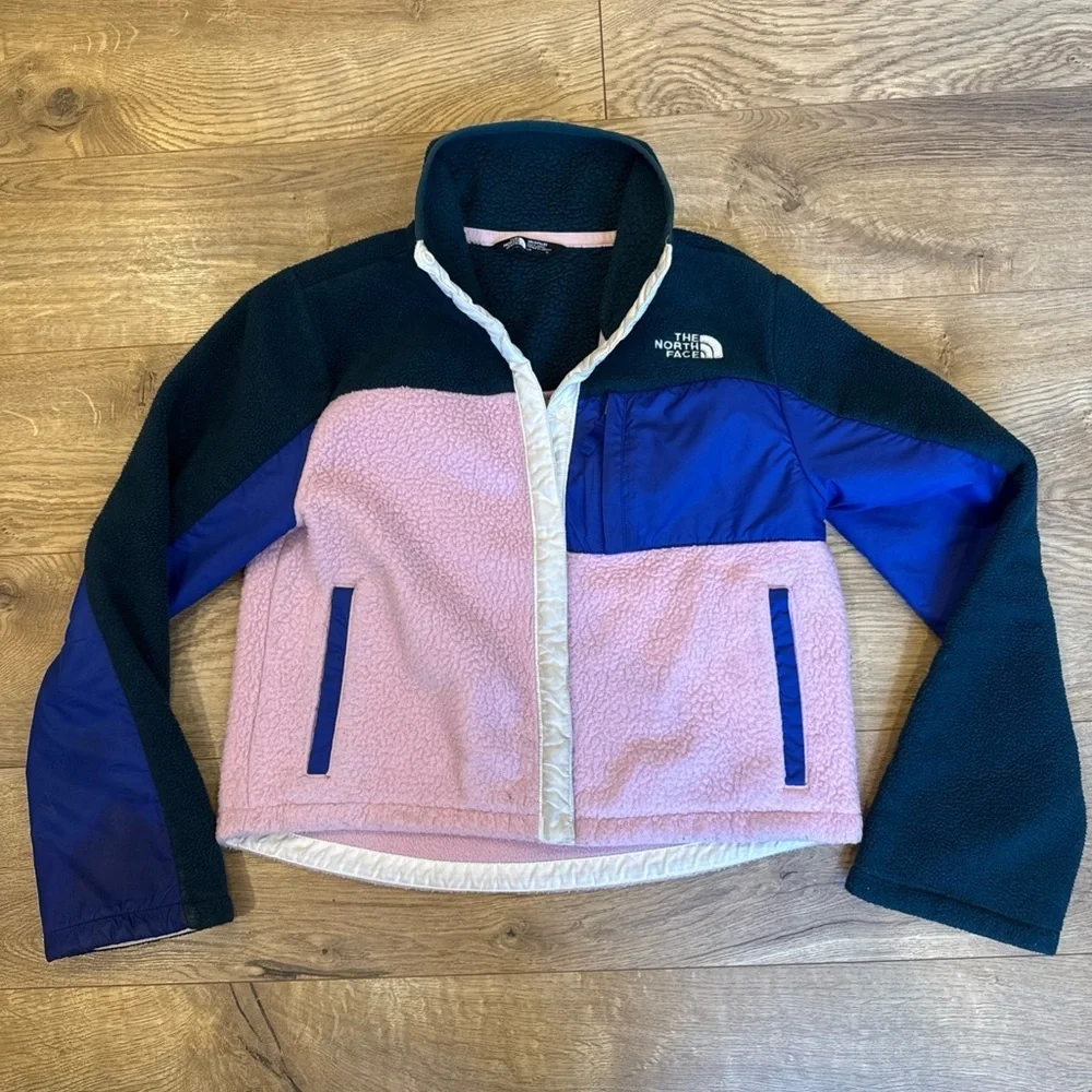The North Face Girl’s Large 12 Snap Fleece Mashup Jacket Pink/Green/Blue